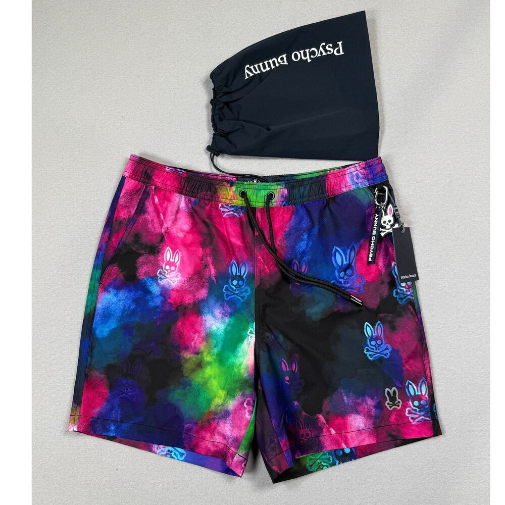 Psycho Bunny Dokos Printed 5.75" Swim Trunks black, 4/Small $88
